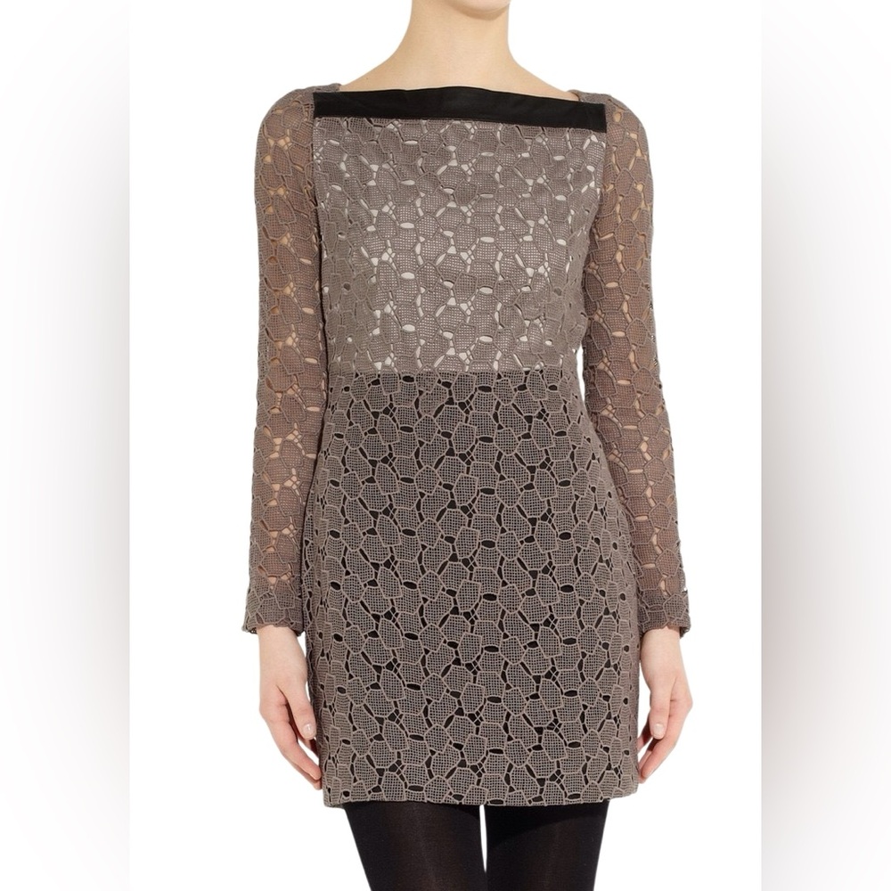 Diane Von Furstenberg Taupe Crochet and Leather Dress Size 6